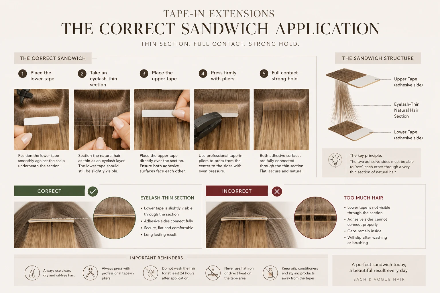 Correct tape-in sandwich application showing an eyelash-thin natural hair section between two adhesive tabs