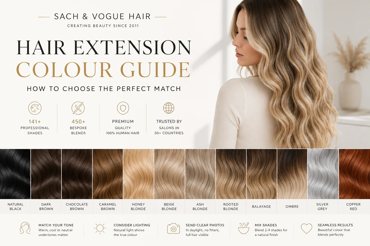 Professional hair extension colour matching guide with blonde, brunette, rooted and balayage shades