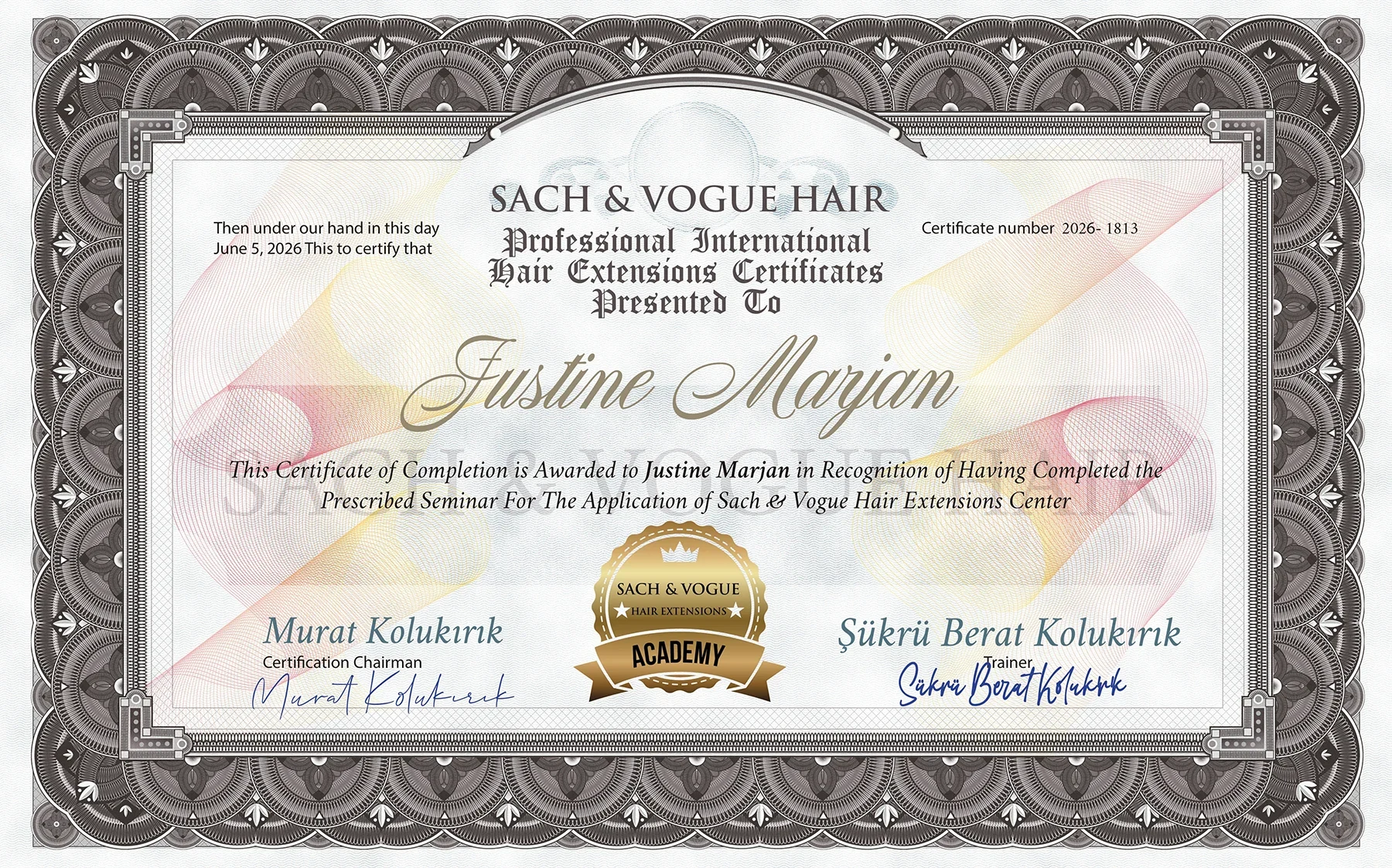 Sach and Vogue Hair Academy private professional certificate of completion