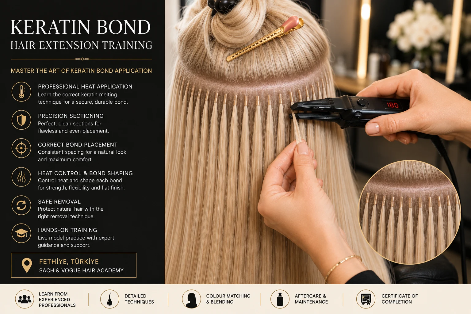Keratin bond hair extension training showing precise attachment formation
