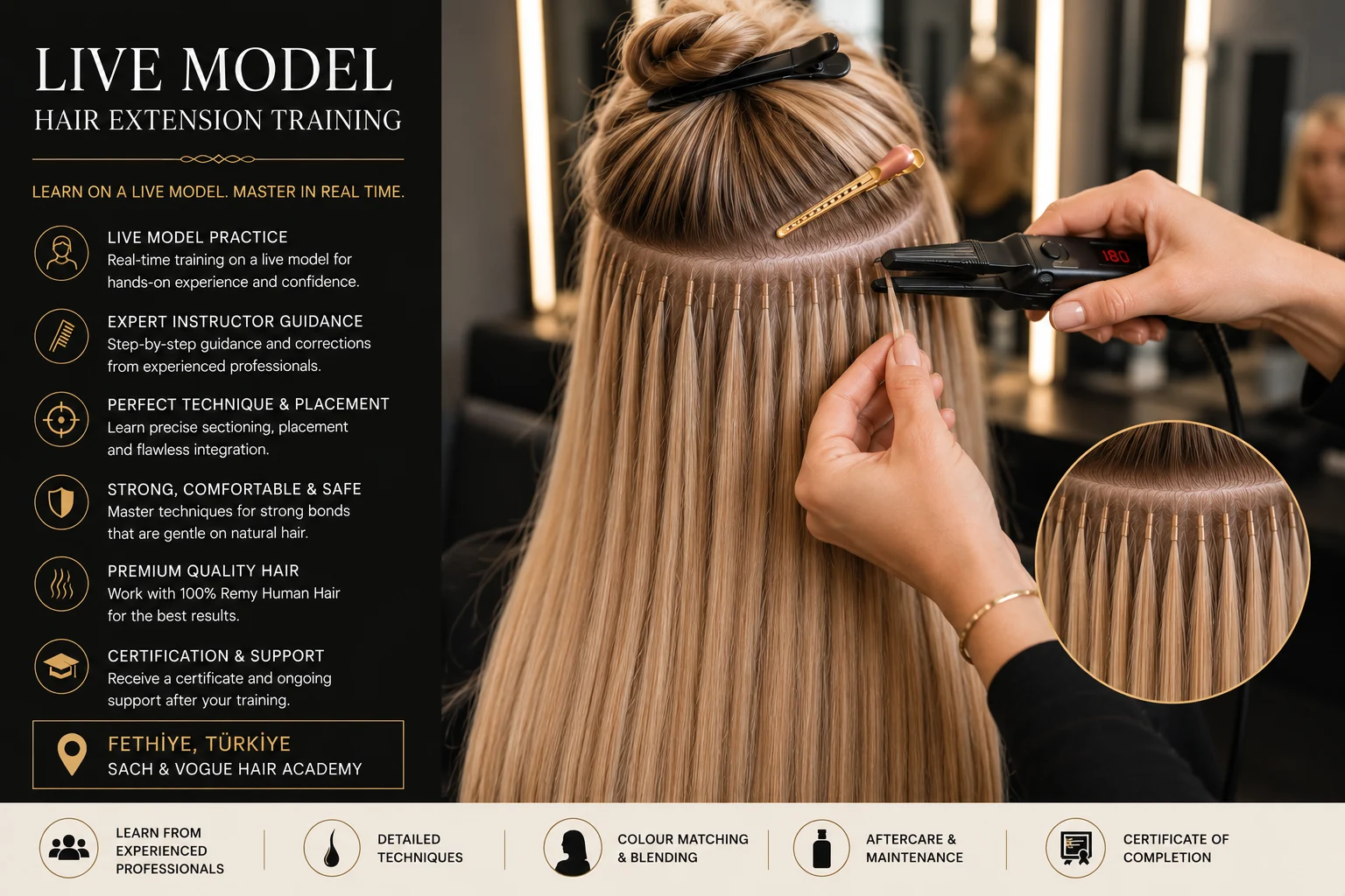 Student completing supervised hair extension work on an approved live model in Fethiye