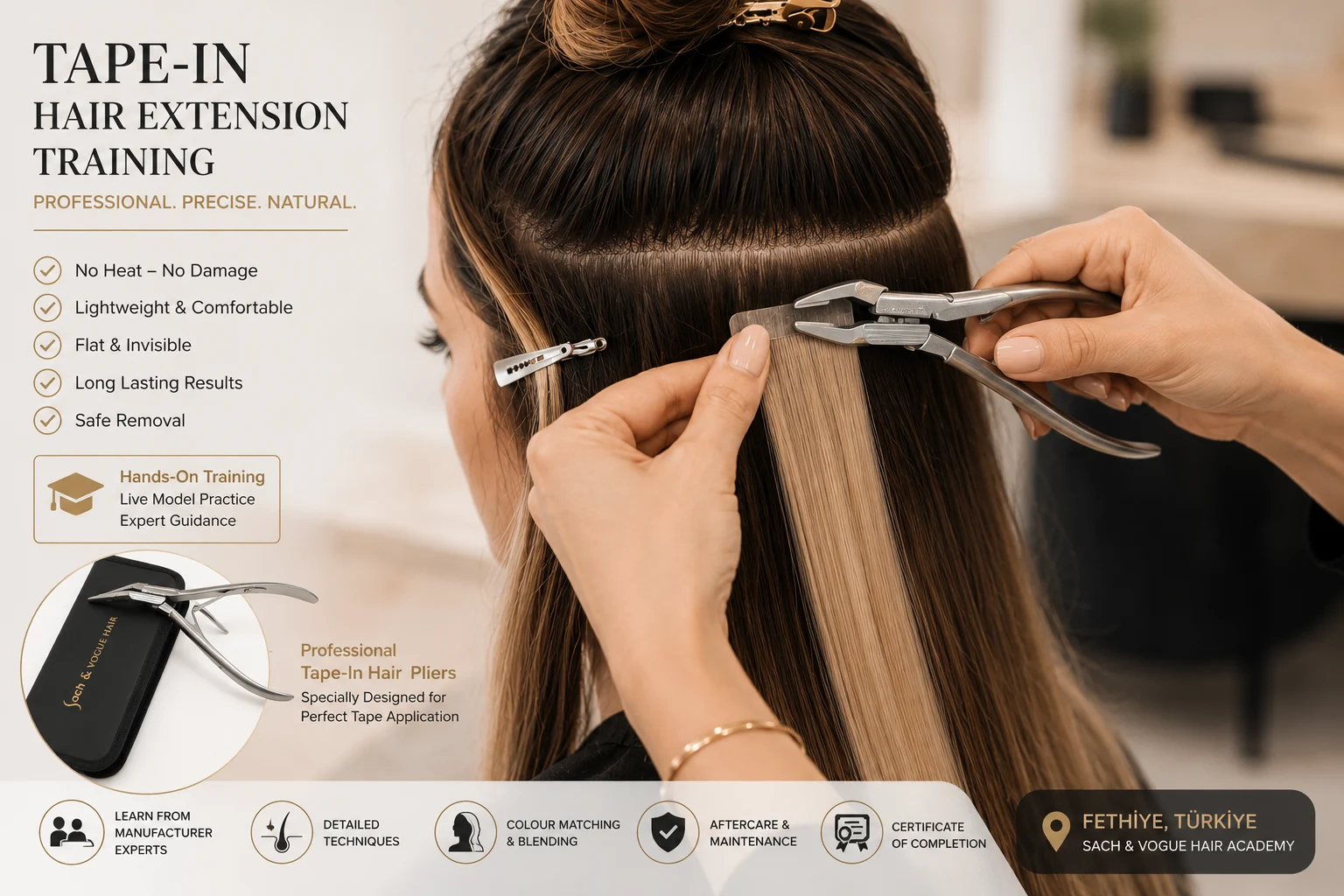 Two centimetre tape-in hair extension training with thin natural hair section
