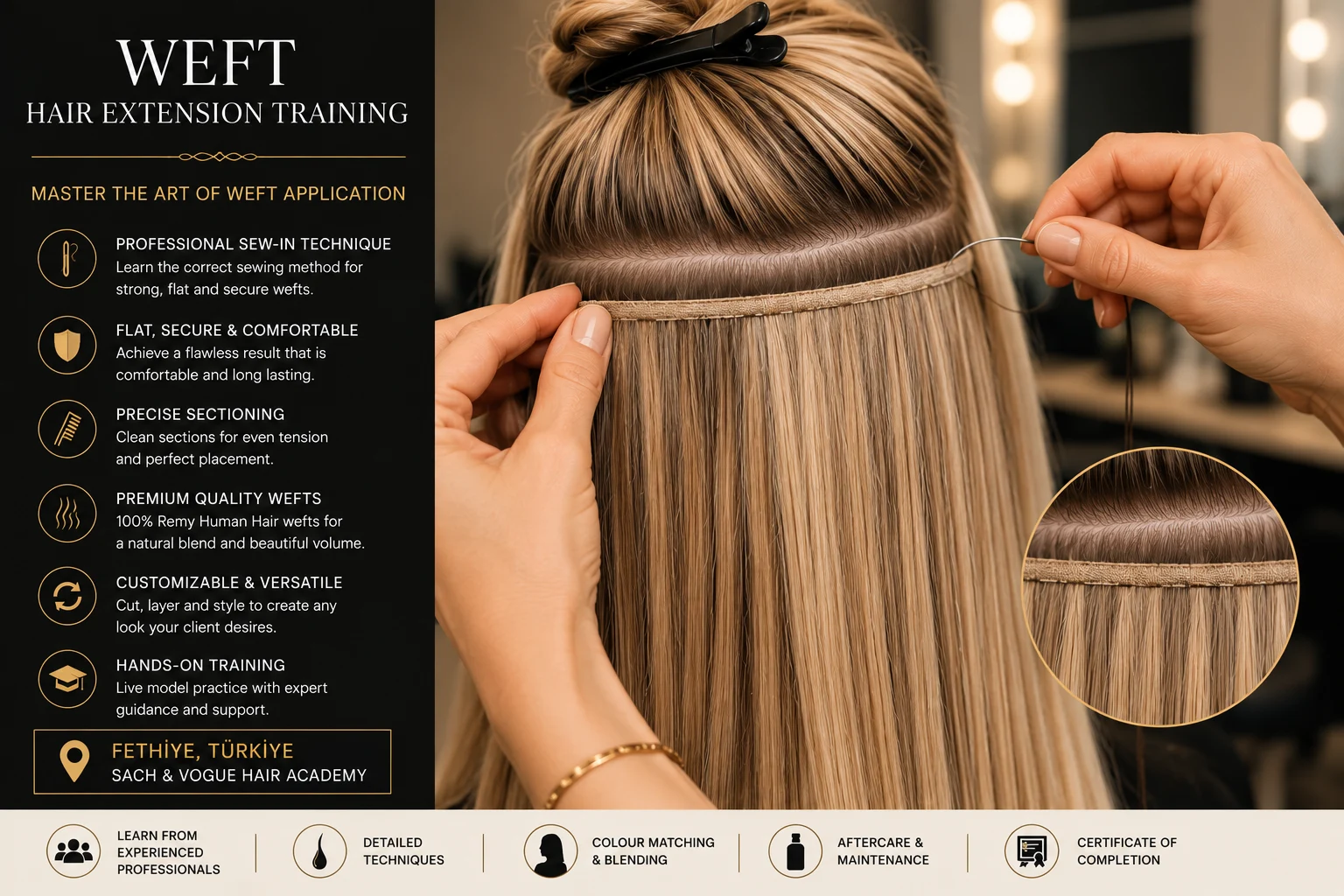 Professional weft hair extension sewing and row planning training
