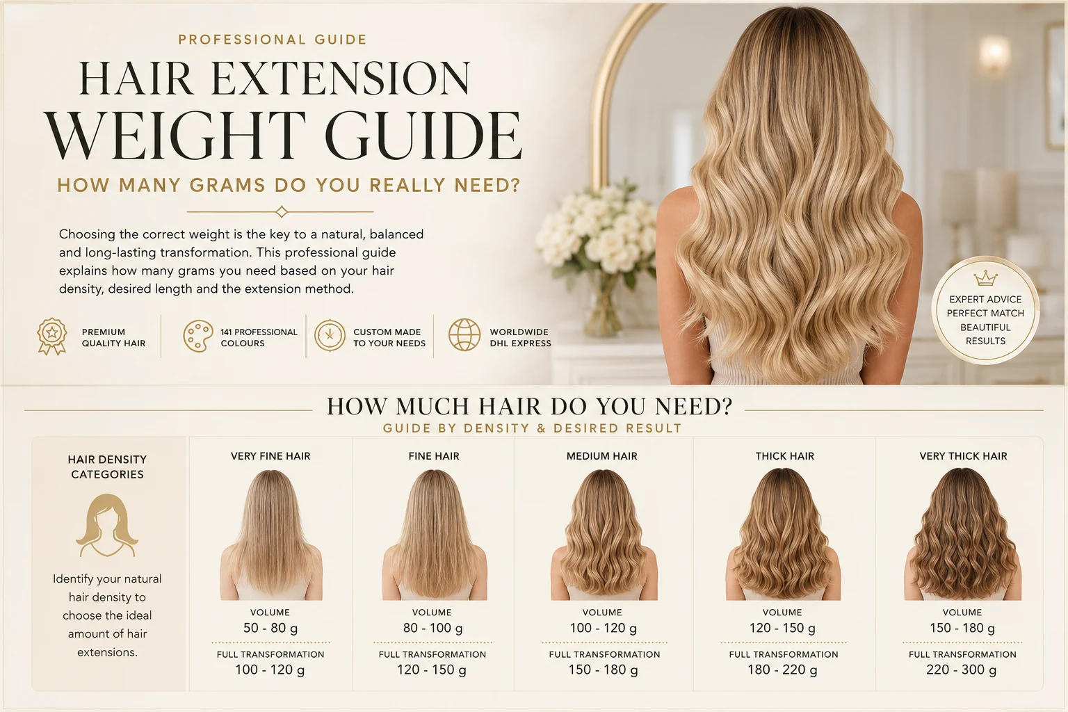 Hair extension weight guide showing recommended gram ranges for different natural hair densities