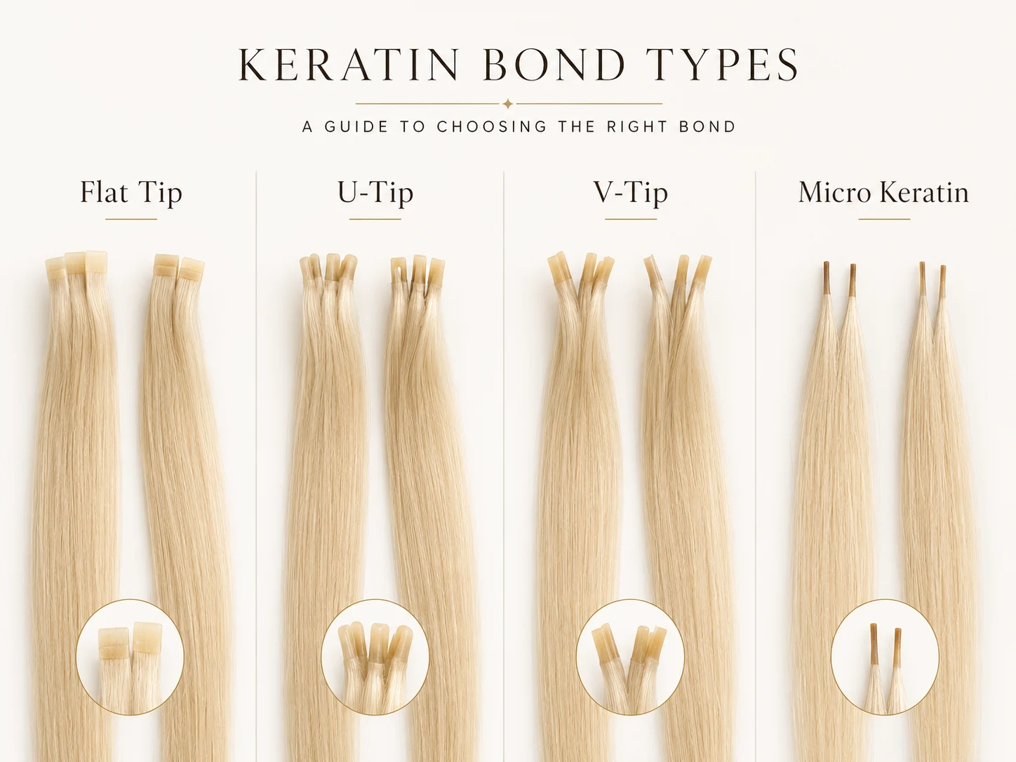 Flat Tip, U-Tip, V-Tip and I-Tip keratin hair extension bond types