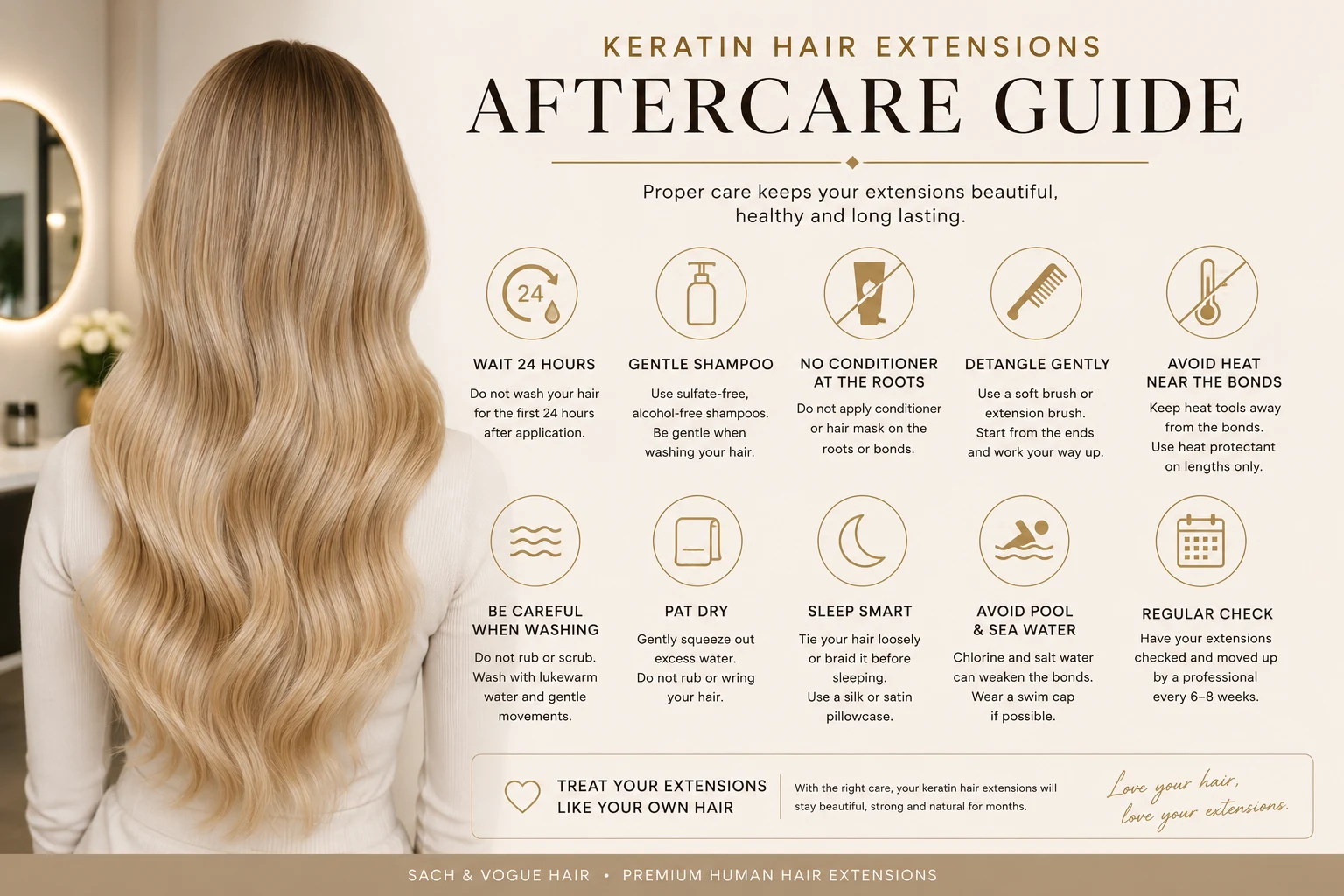 Gentle brushing and professional aftercare for long keratin hair extensions