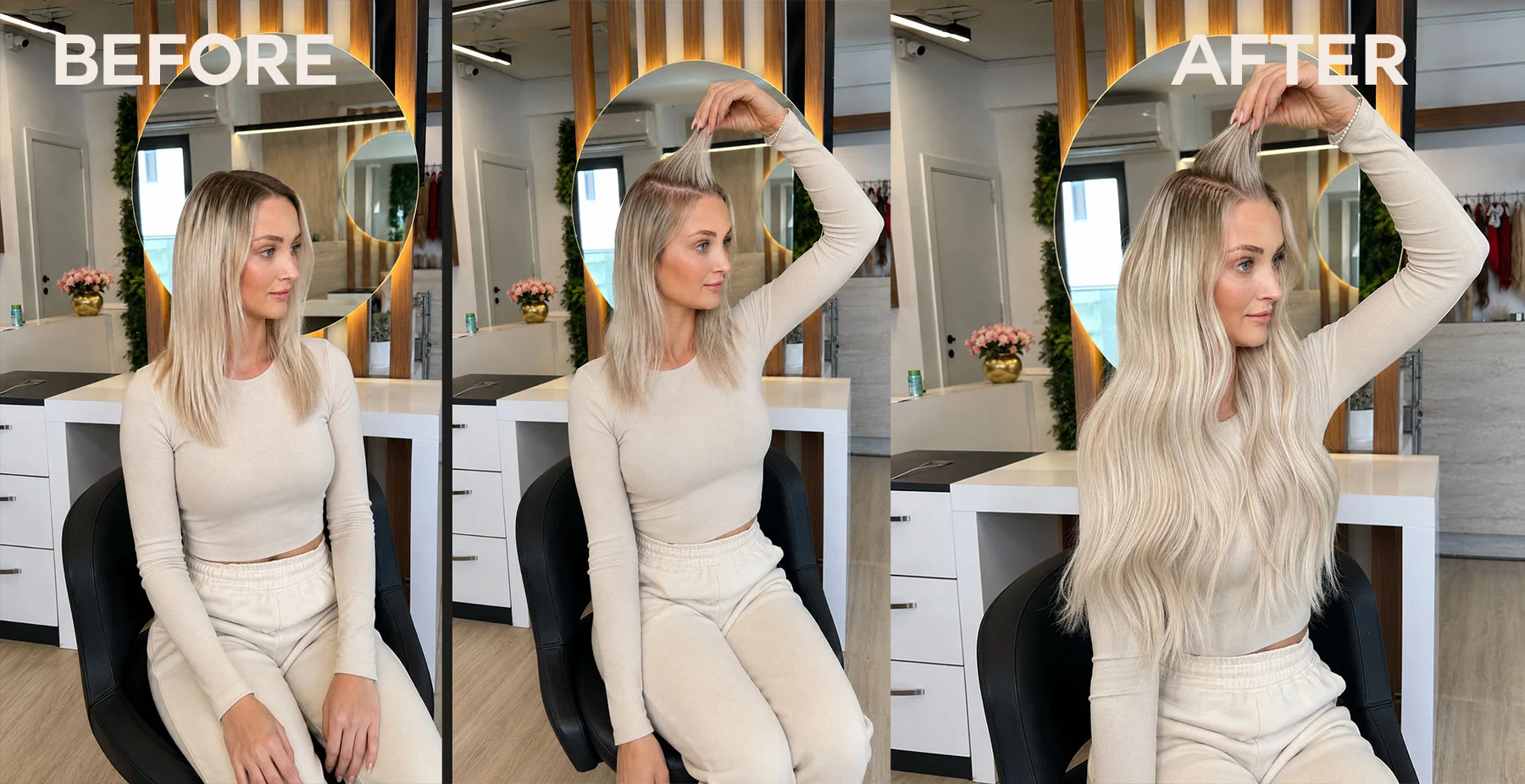 Before and after short hair transformation using professionally blended keratin hair extensions