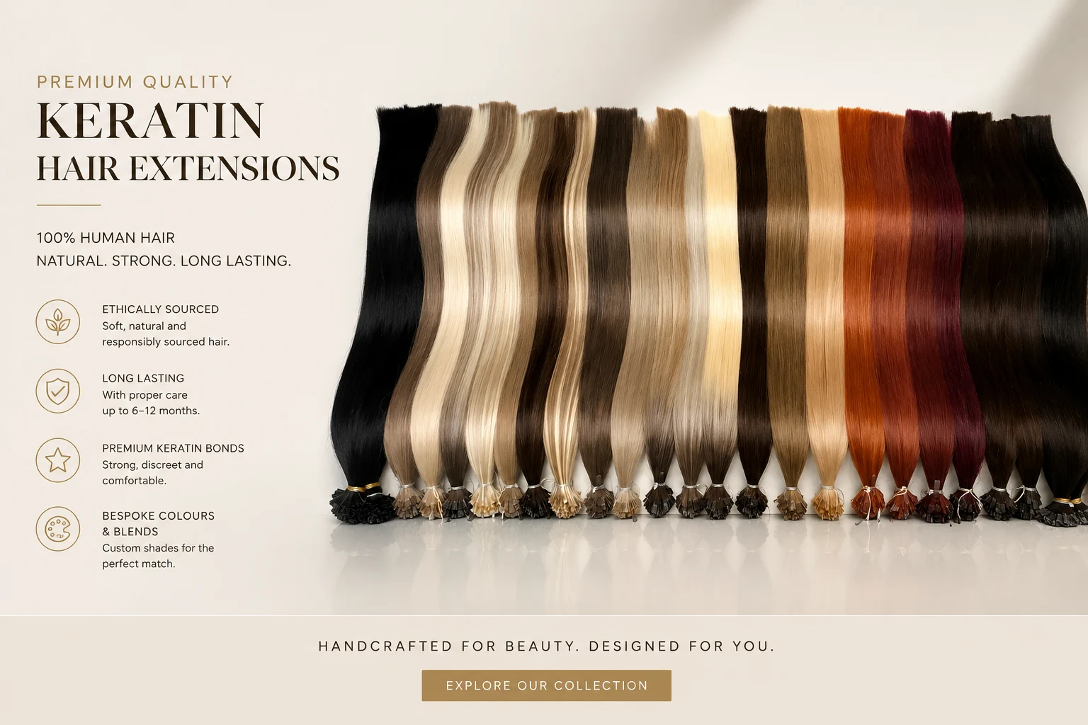 Professional keratin hair extensions with discreet fusion bonds and long natural human hair
