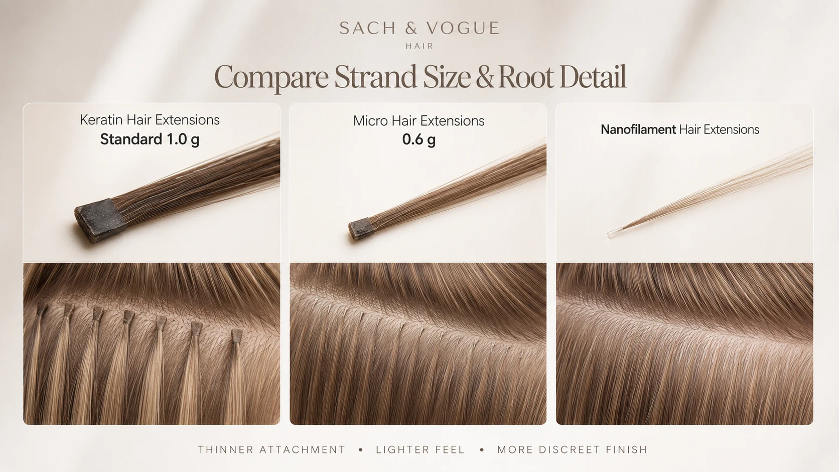 Nanofilament Hair Extensions compared with standard keratin and micro hair extensions showing strand size and discreet root detail