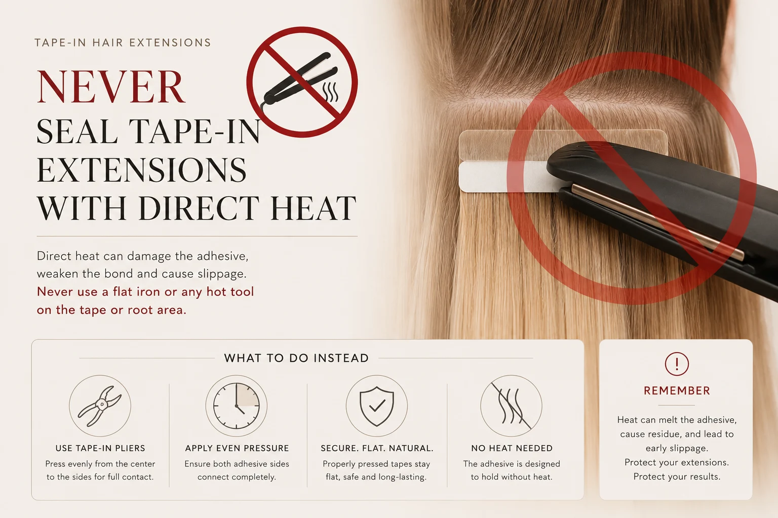 Warning not to seal tape-in hair extensions with a flat iron or direct heat