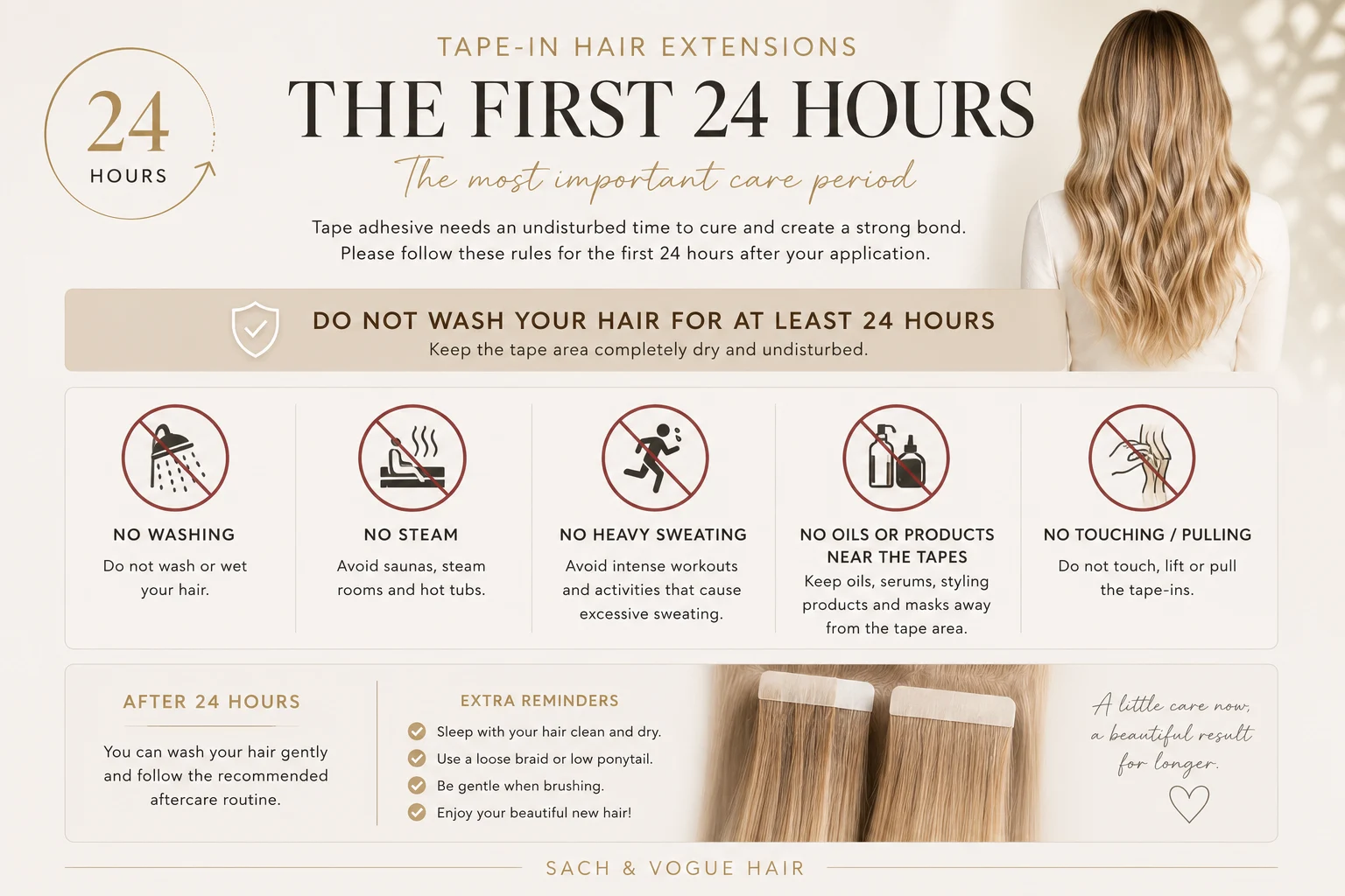 First 24 hours aftercare rules for tape-in hair extensions