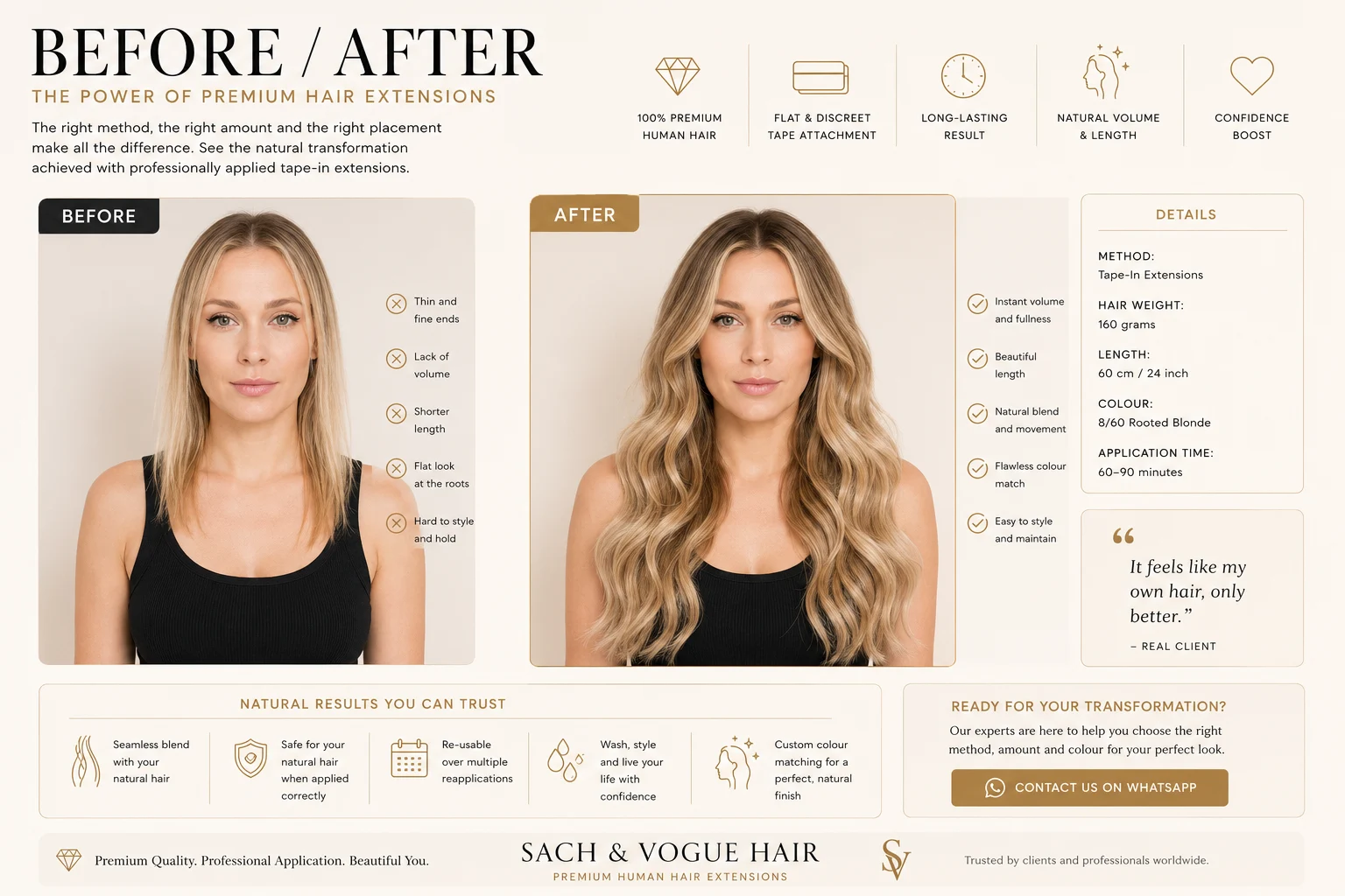Before and after tape-in hair extension transformation showing added length volume and natural colour blending