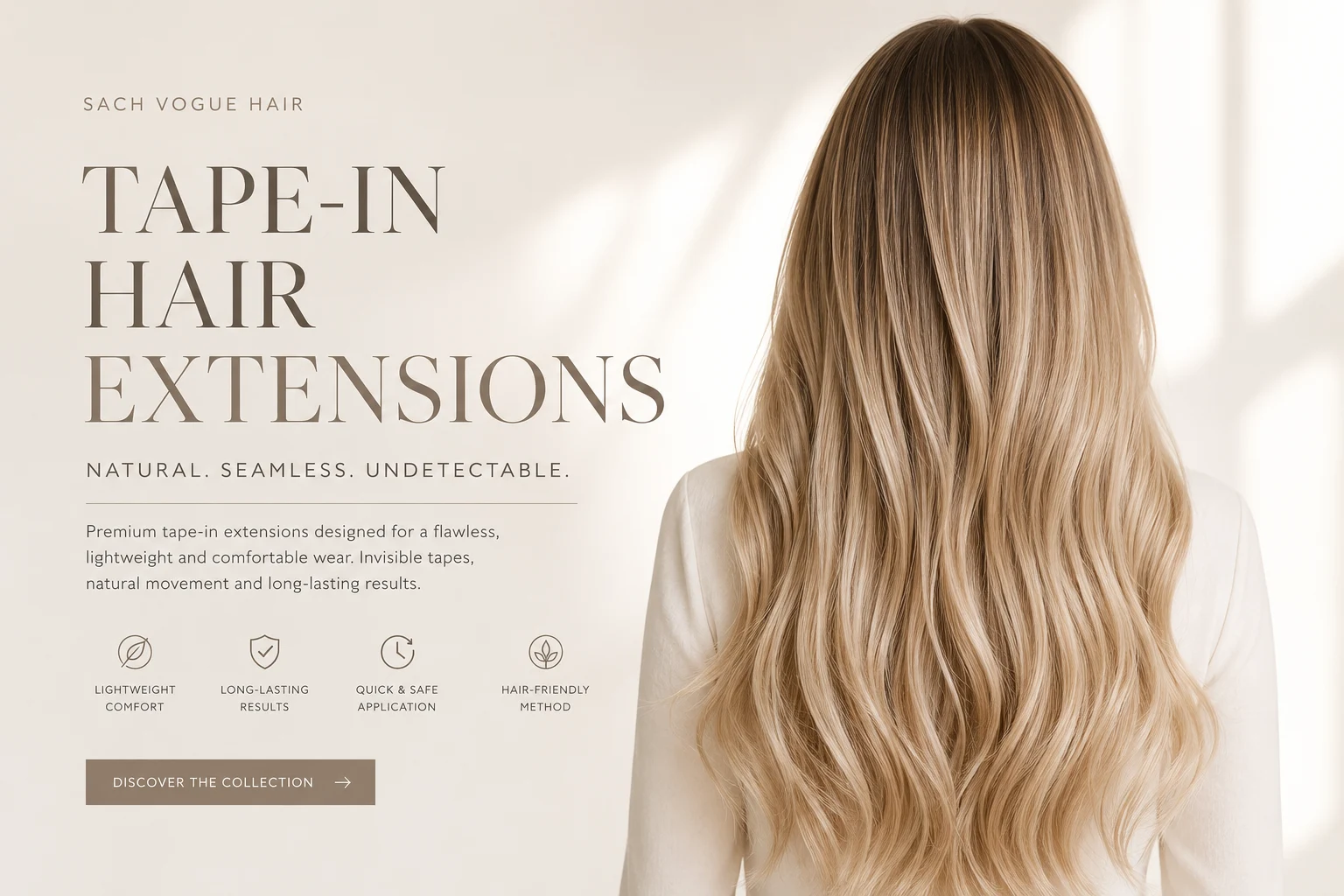 Premium tape-in hair extensions with a natural seamless finish by Sach and Vogue Hair