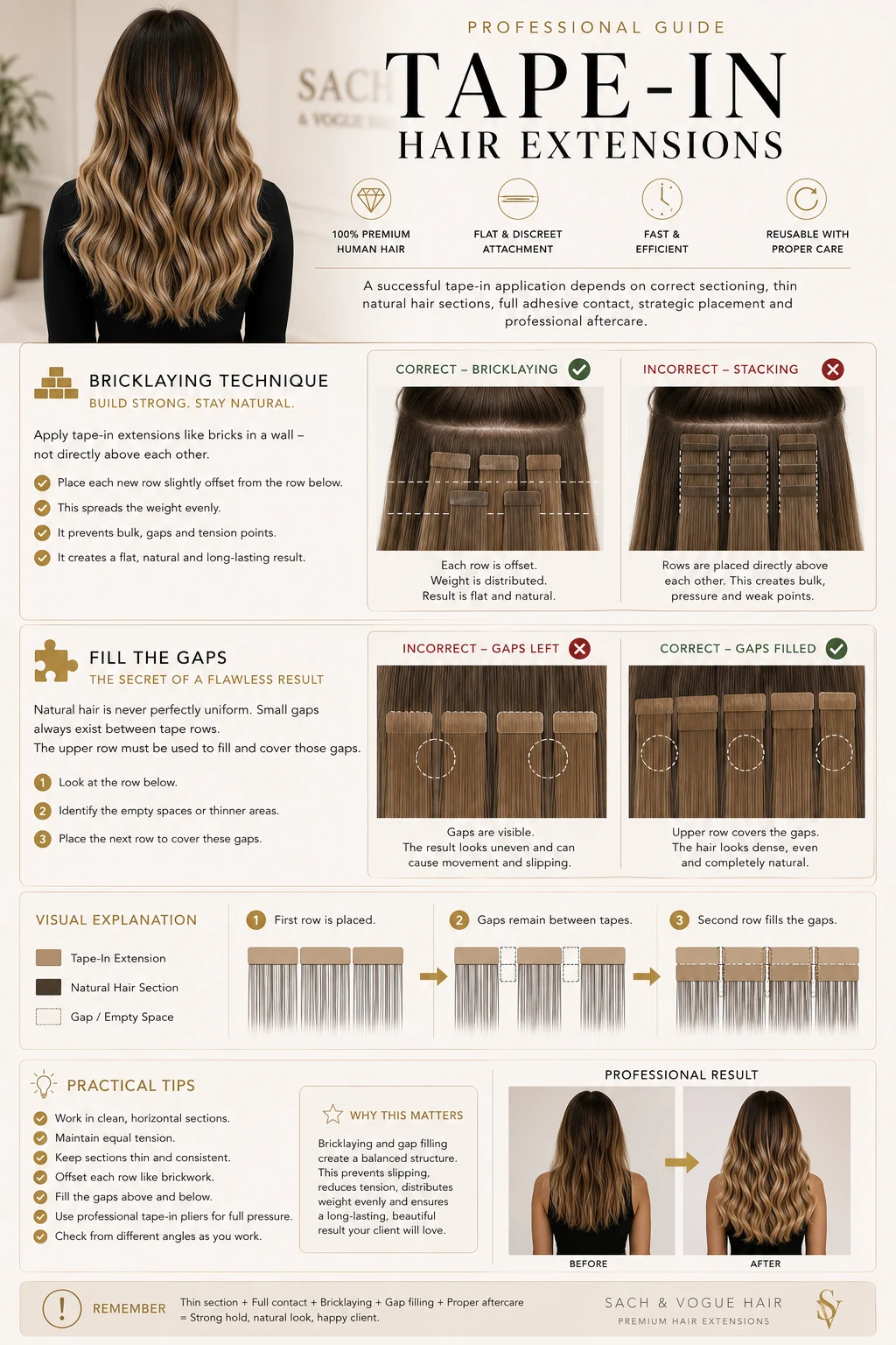 Professional tape-in sectioning and bricklaying placement guide showing staggered rows that fill the spaces below