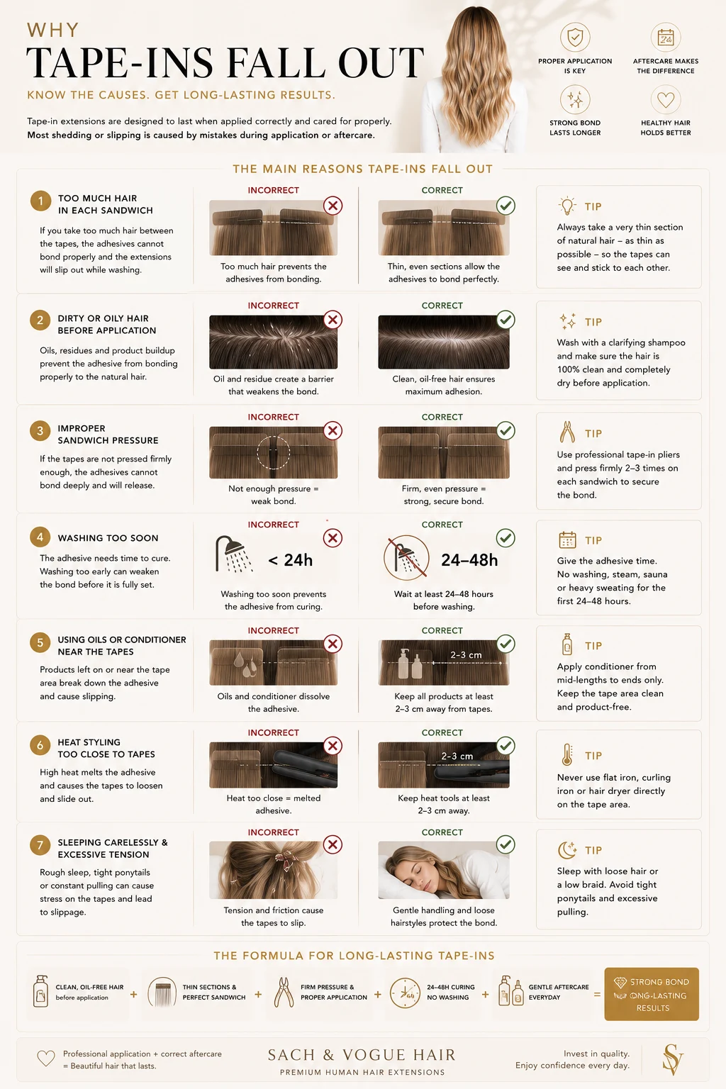 Professional guide explaining why tape-in hair extensions slip or fall out