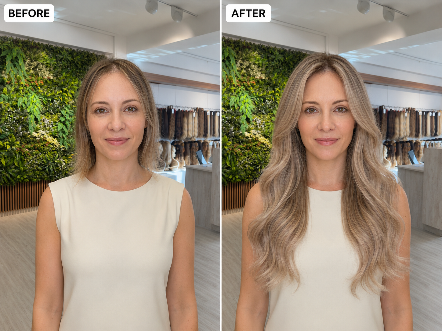 Ash beige blonde hair extensions before and after transformation