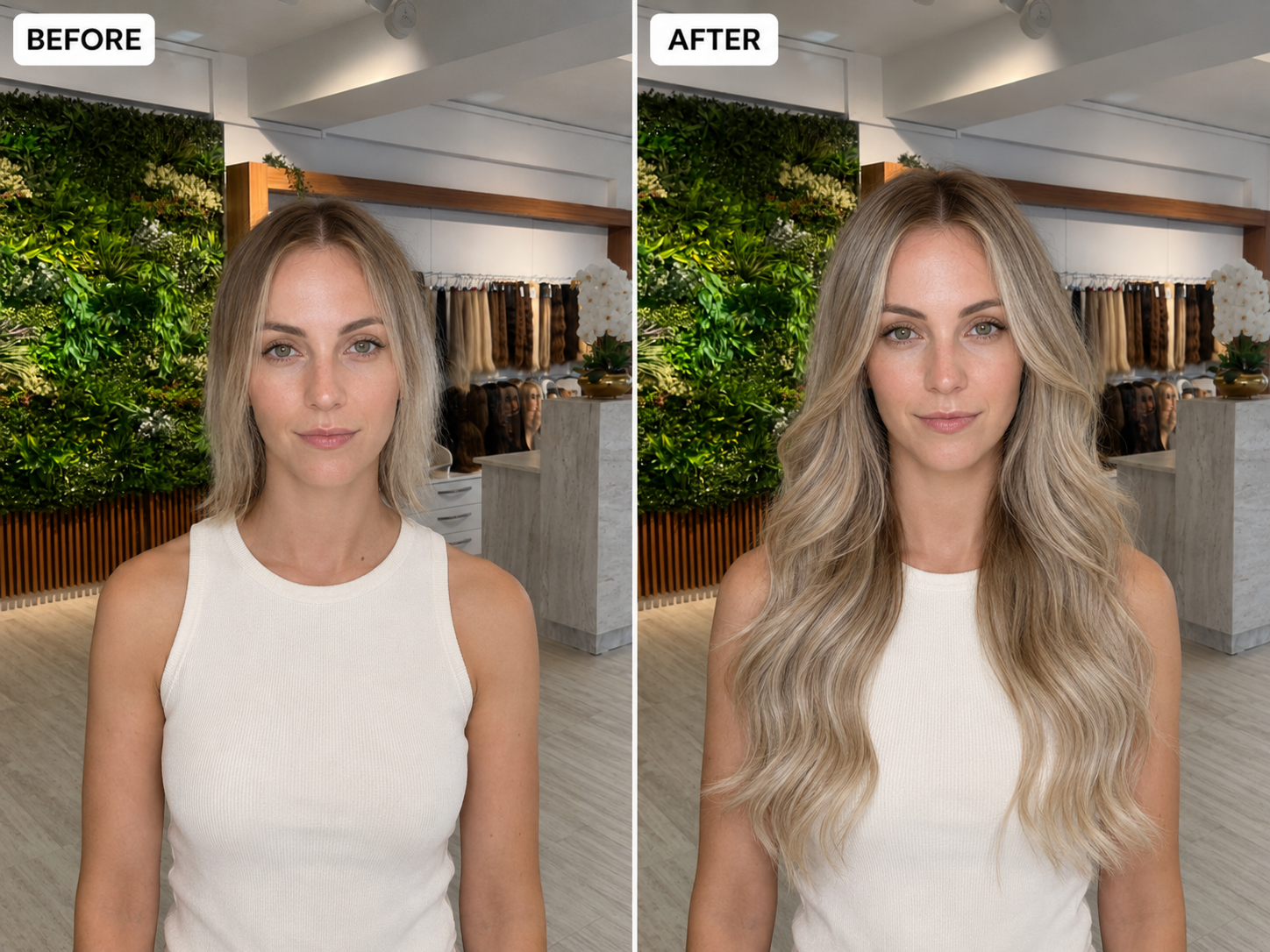 Before and after ash blonde hair extensions in salon