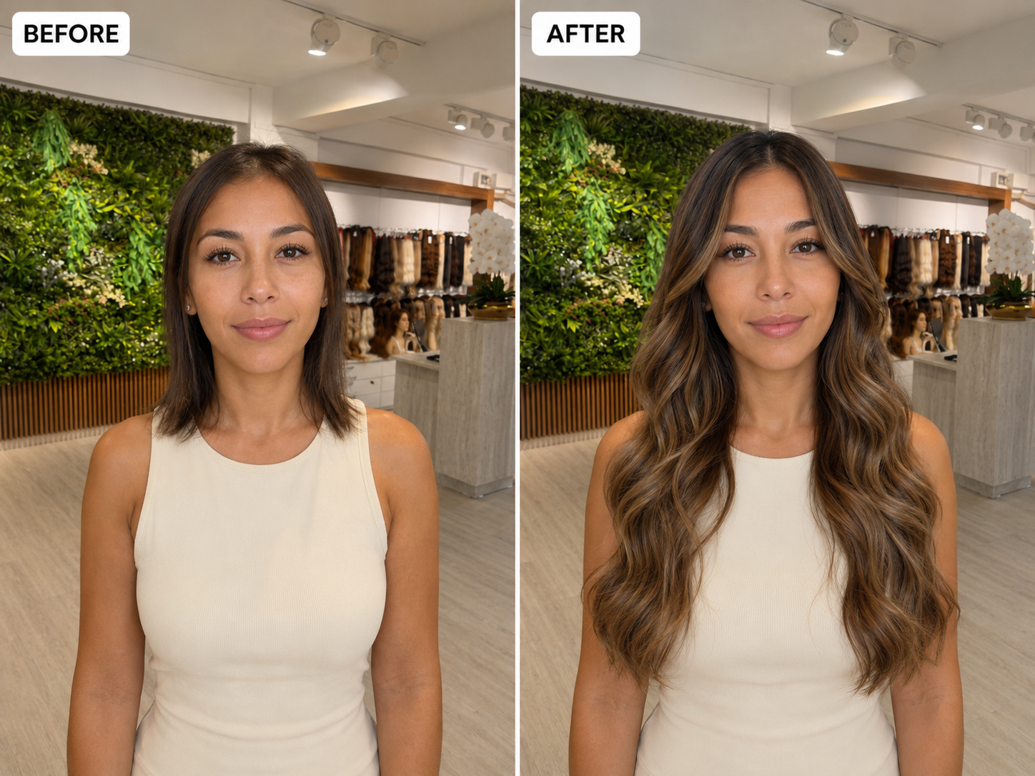 Before and after caramel balayage hair extensions transformation