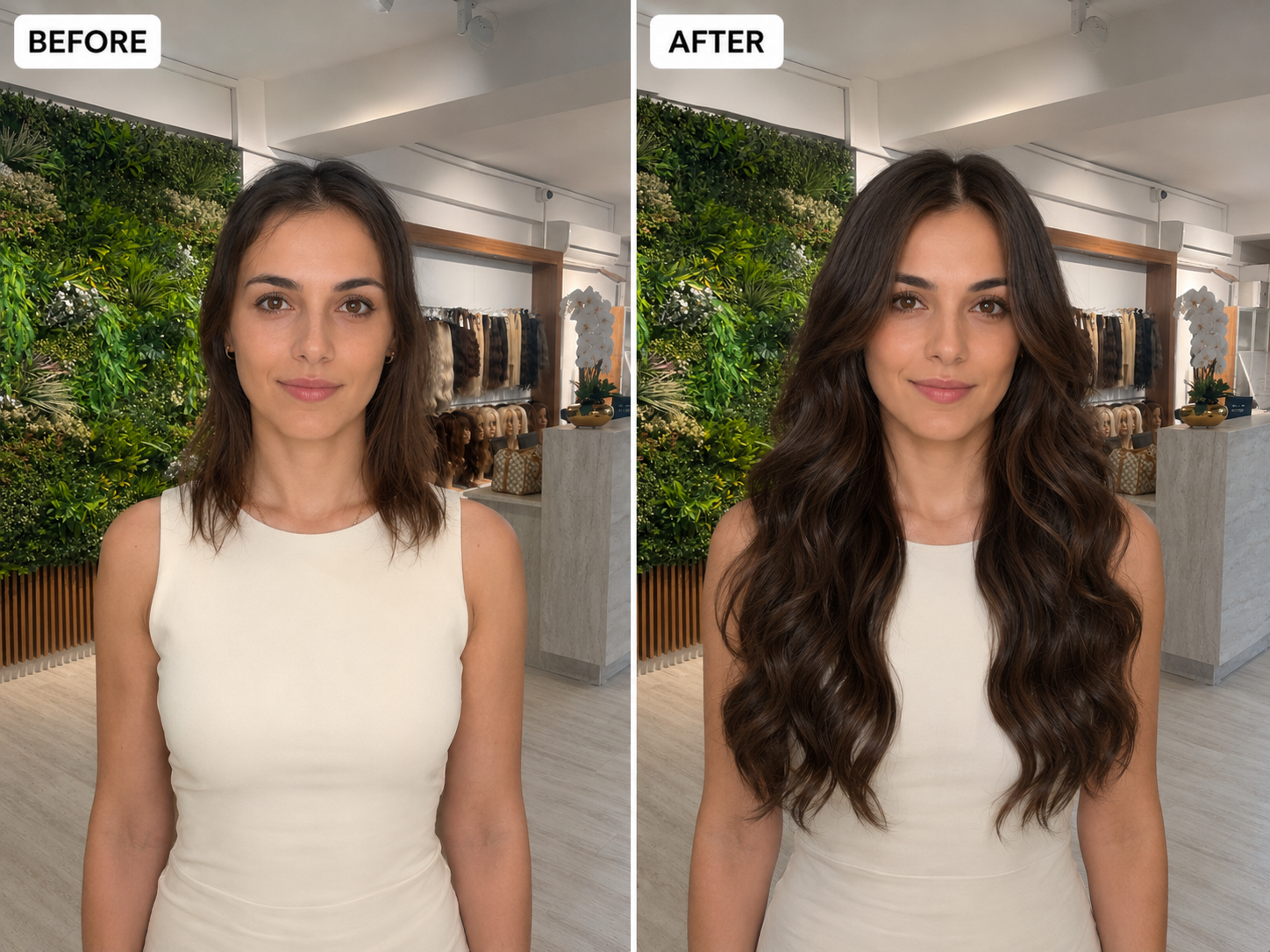 Before and after dark brown hair extensions transformation in salon