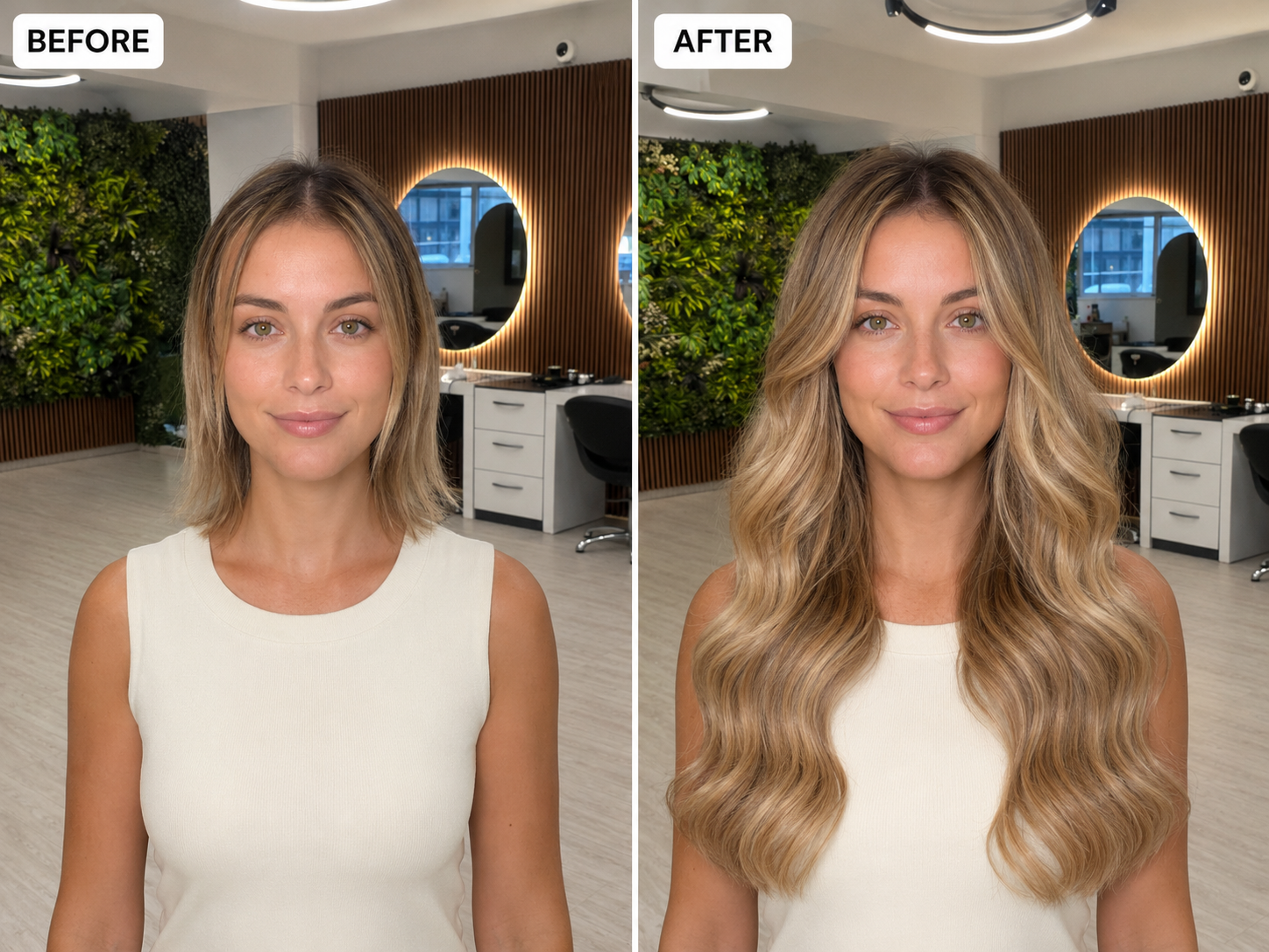Before and after honey blonde hair extensions transformation