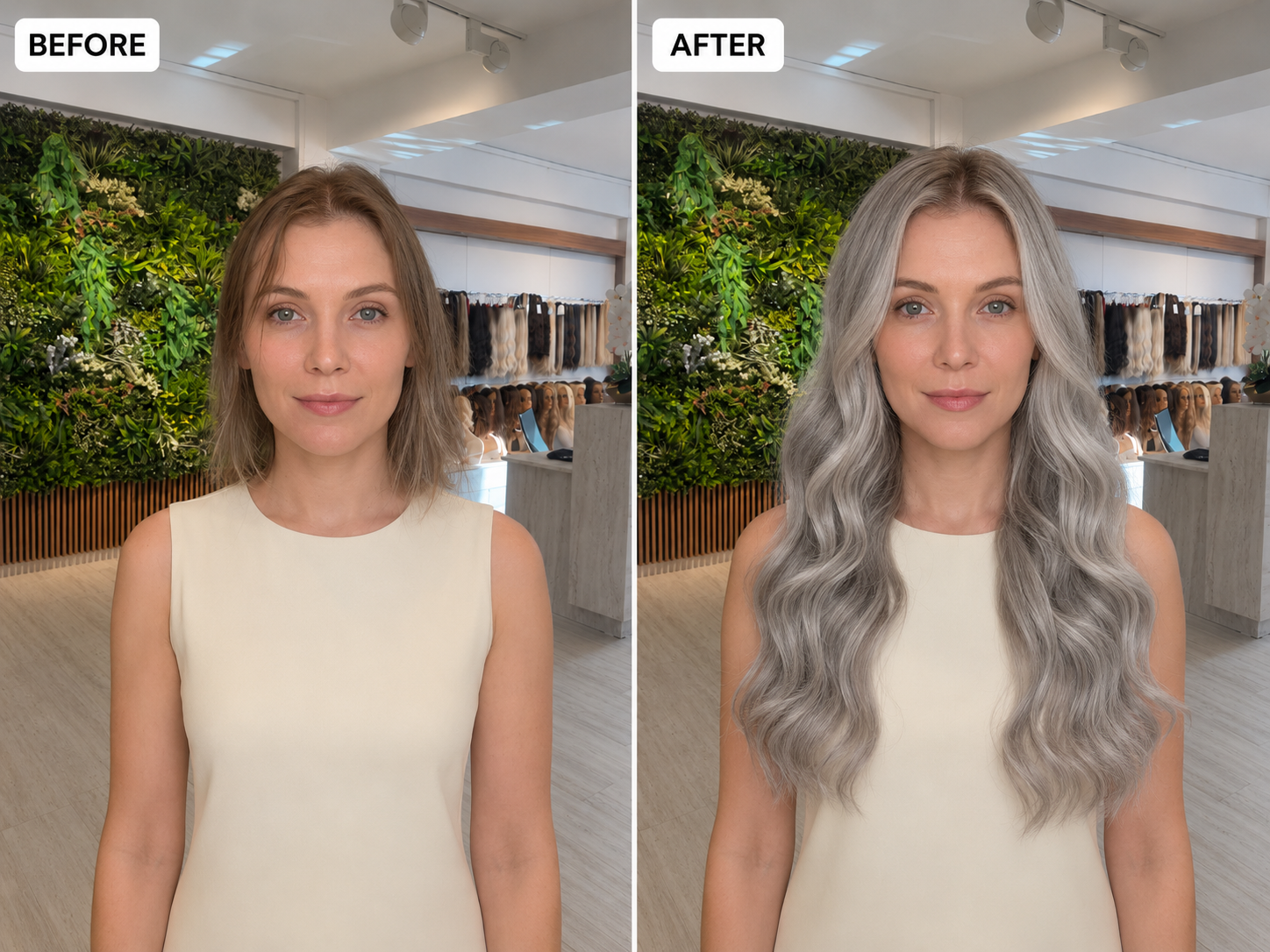 Before and after silver grey hair extensions transformation