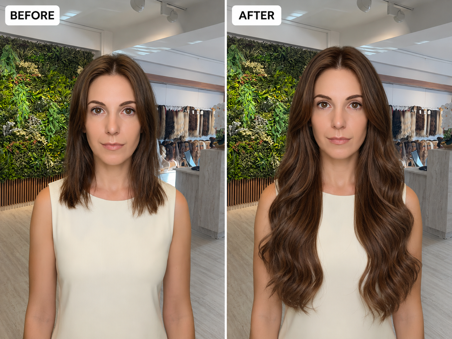 Brown hair extensions before and after transformation with premium human hair