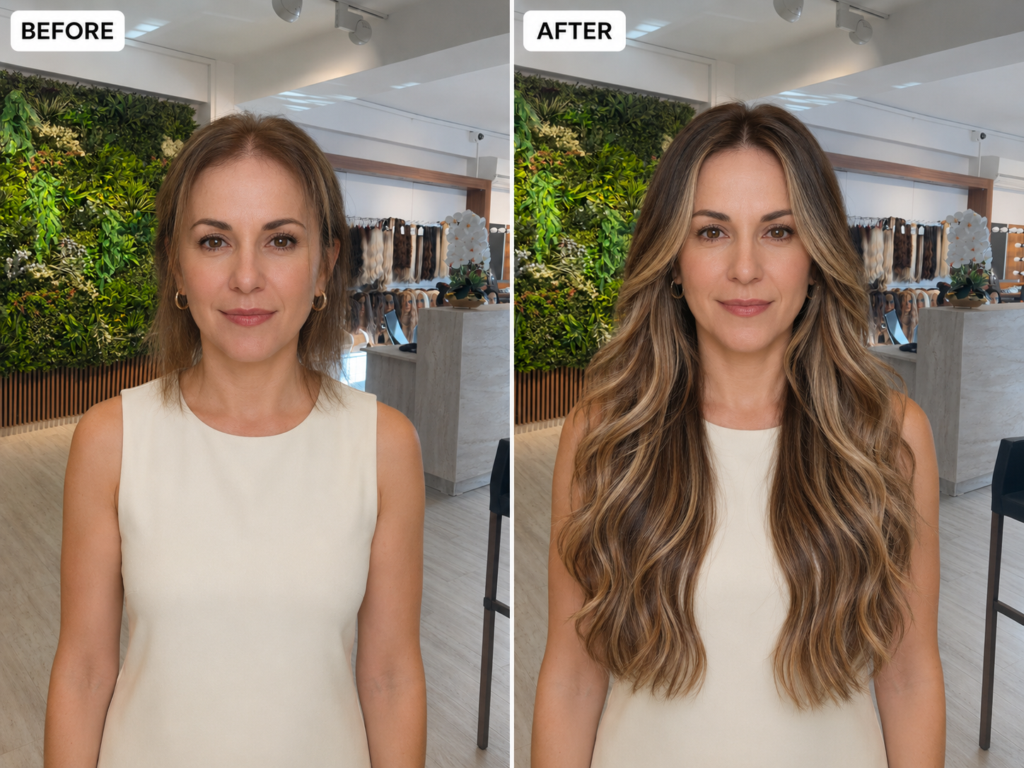 Highlighted hair extensions before and after for thin short hair