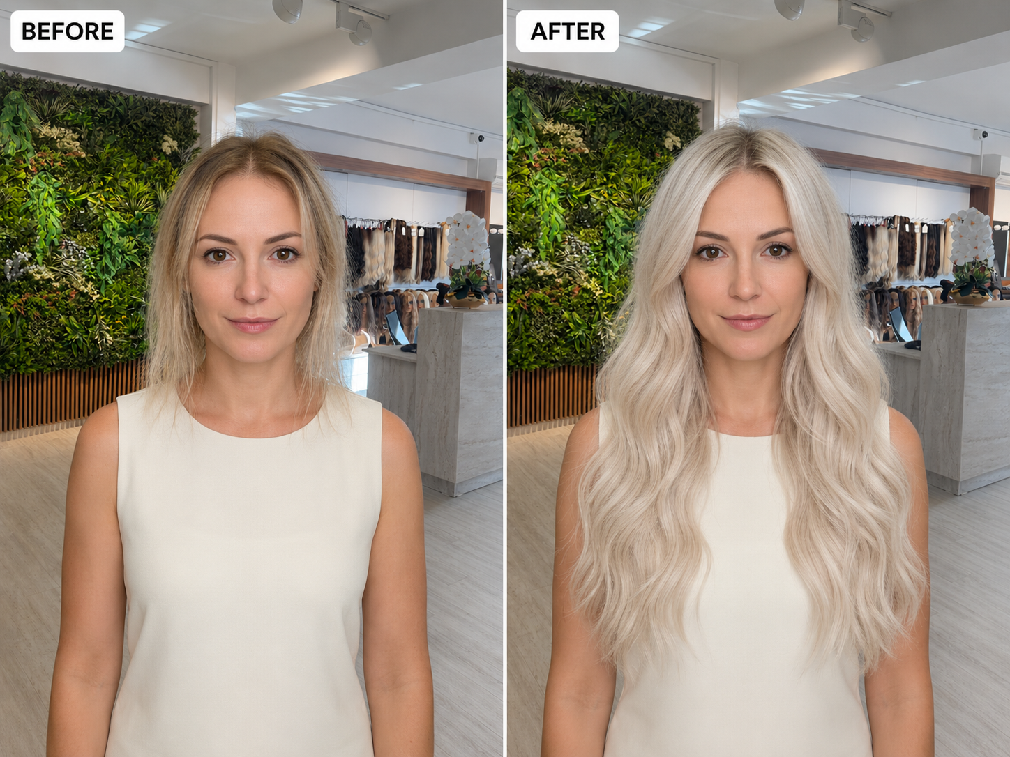Ice platinum blonde hair extensions before and after transformation
