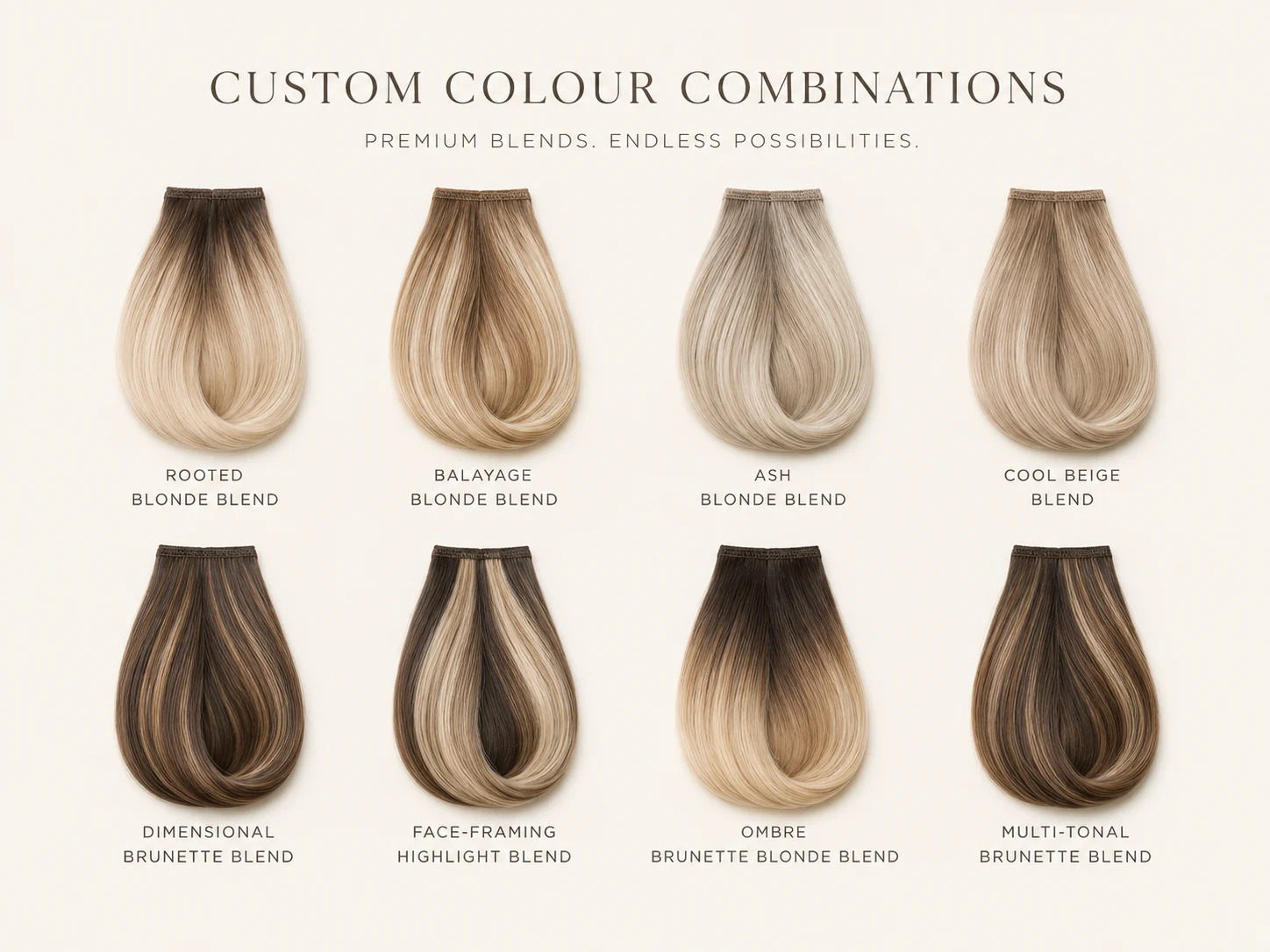 Collection of labelled custom hair extension colour blends and formula references