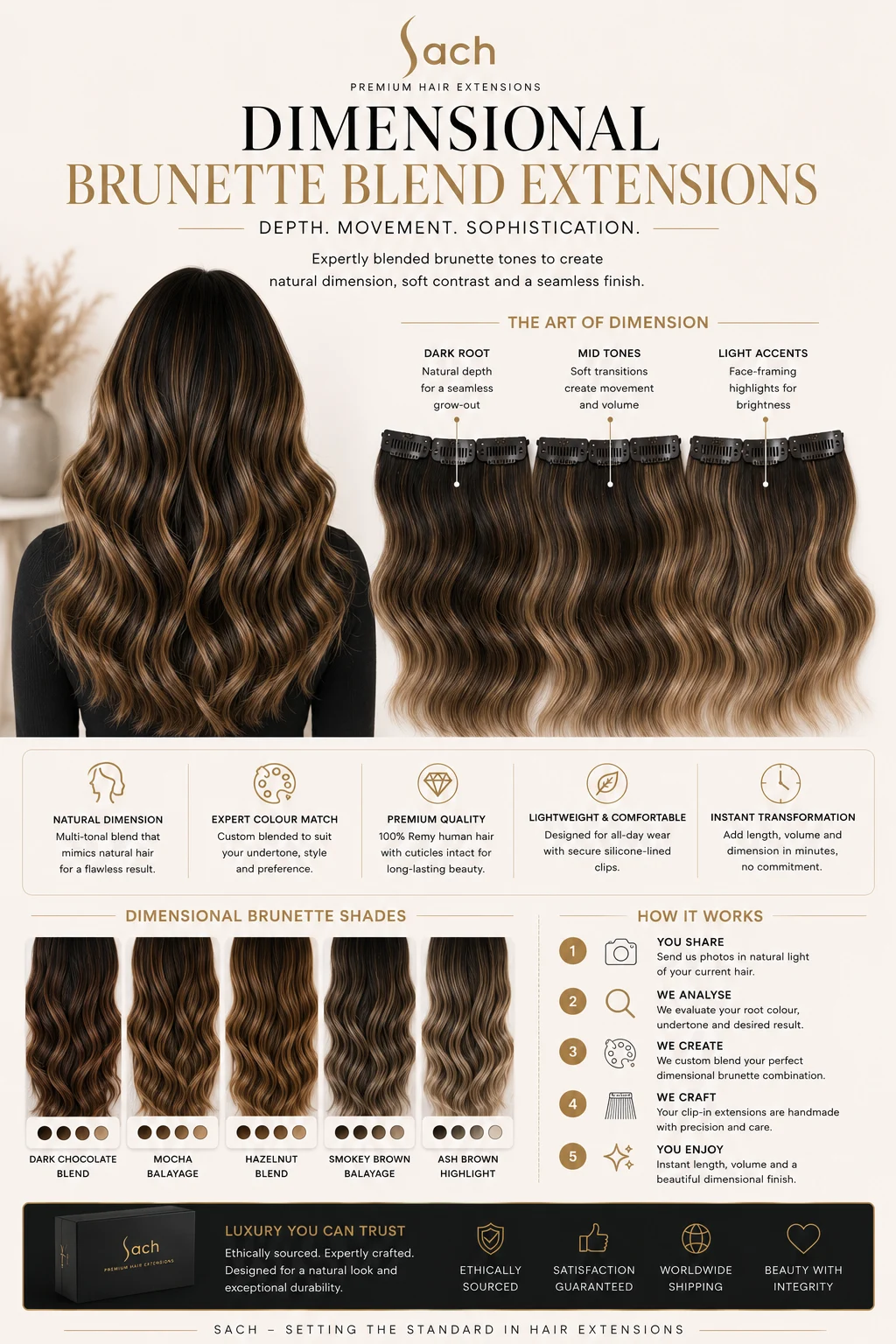 Dimensional brunette hair extension blends
