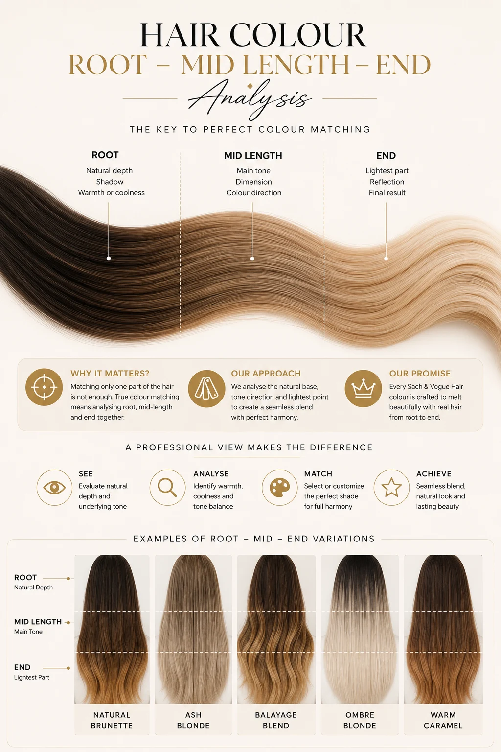 Multi-panel hair visual showing root depth, highlight thickness, balayage placement and warm versus cool undertones
