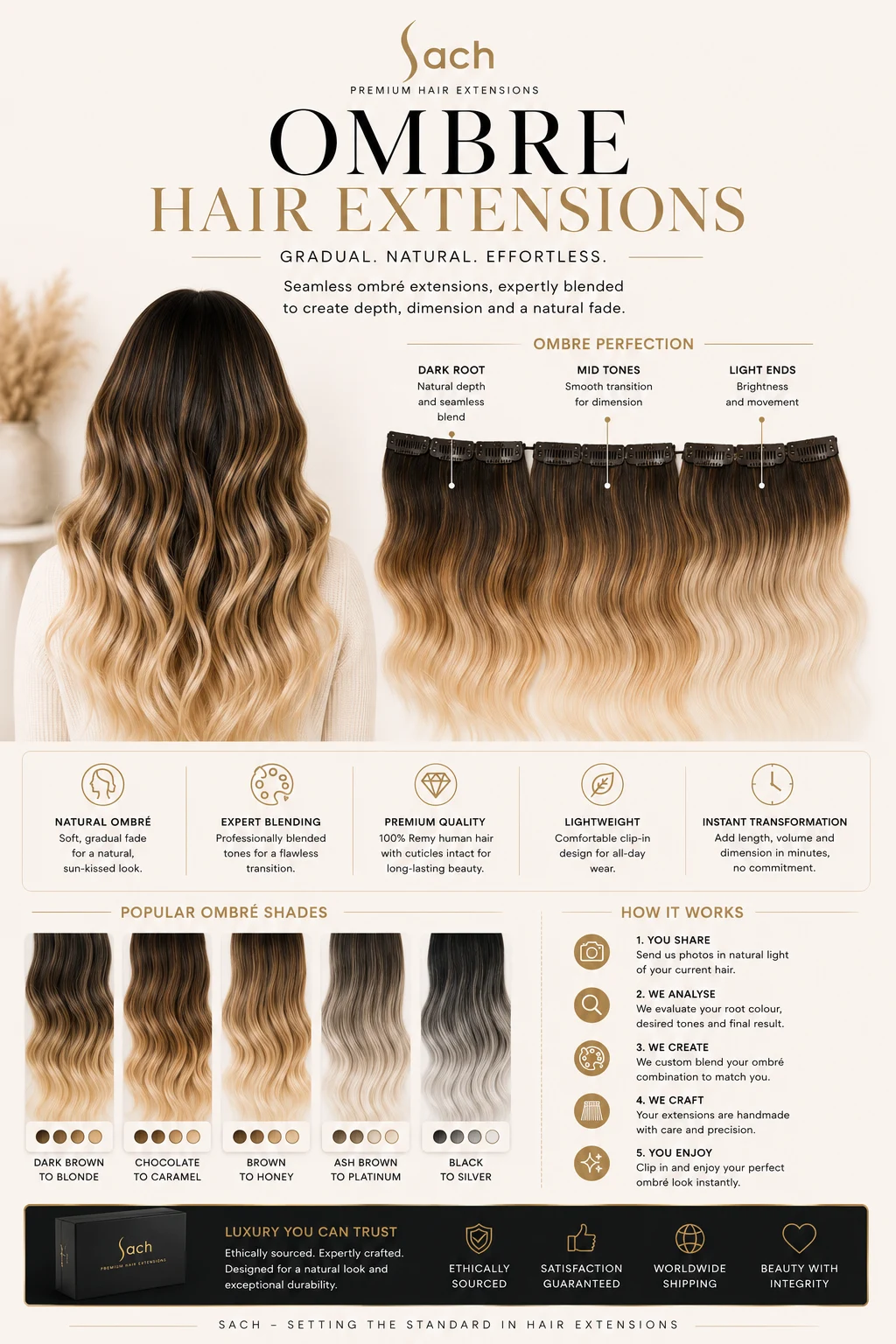 Ombre hair extensions with darker root and lighter ends