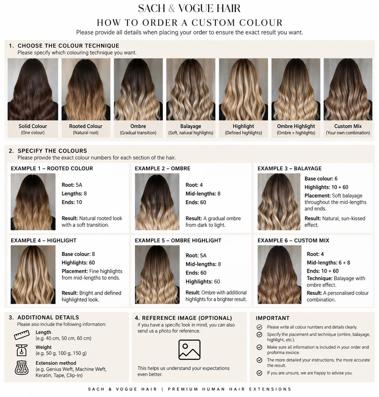 Custom hair colour ordering guide showing seven techniques, root-to-end colour-code examples and order details.