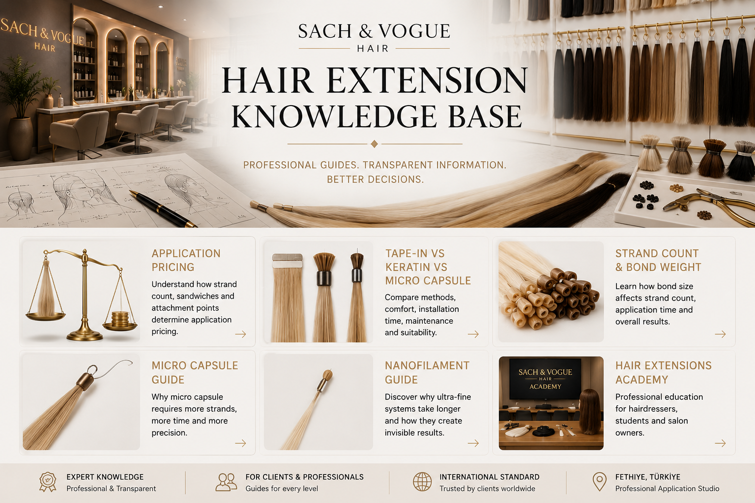Hair Extension Knowledge Base by Sach & Vogue Hair featuring professional guides on application pricing, strand count, keratin bonds, micro capsule and hair extension education.