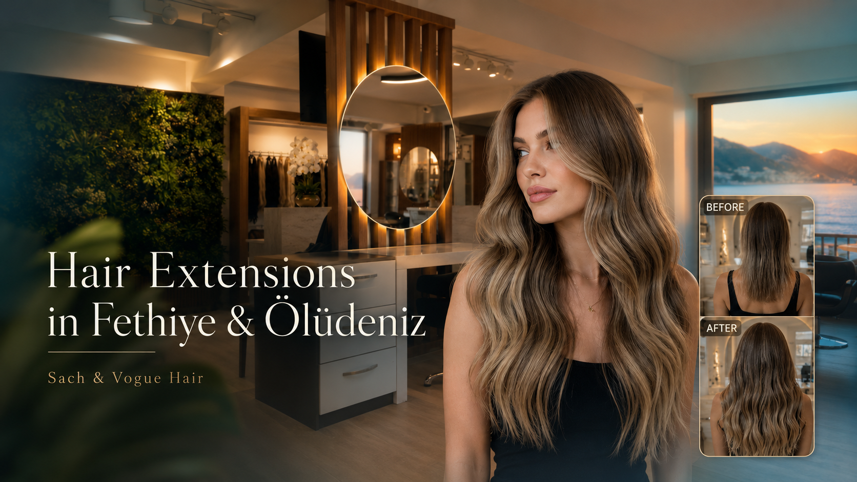 Premium hair extensions before and after transformation in Fethiye and Ölüdeniz