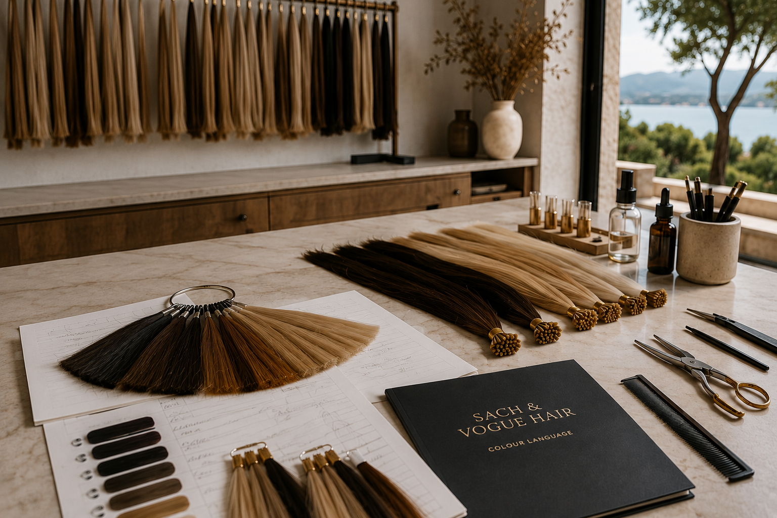 Sach and Vogue Hair atelier in Fethiye featuring human hair extensions colour development, hair swatches and professional extension production tools