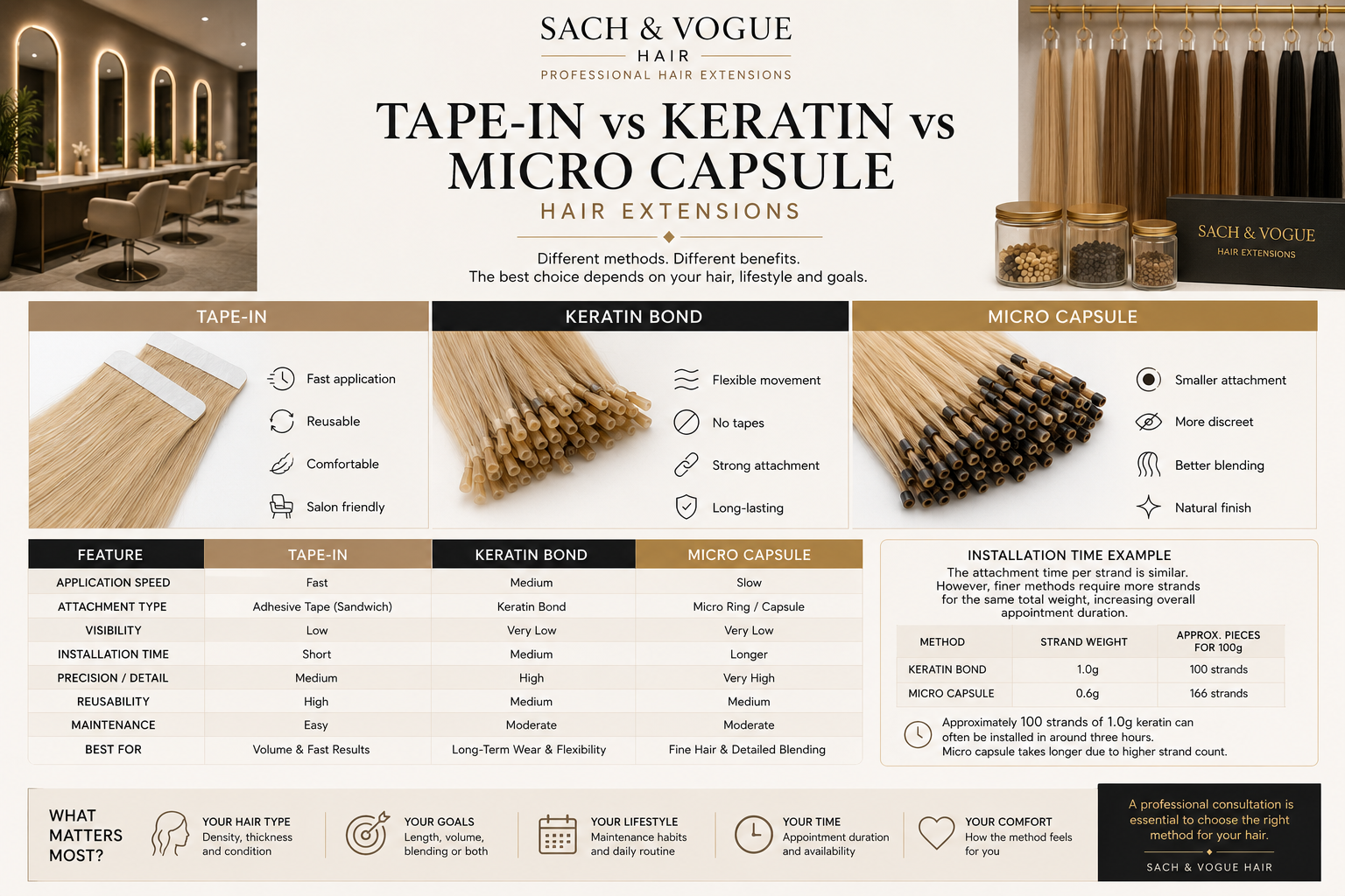 Comparison of tape-in, keratin bond and micro capsule hair extensions showing application method, comfort, maintenance and installation differences.