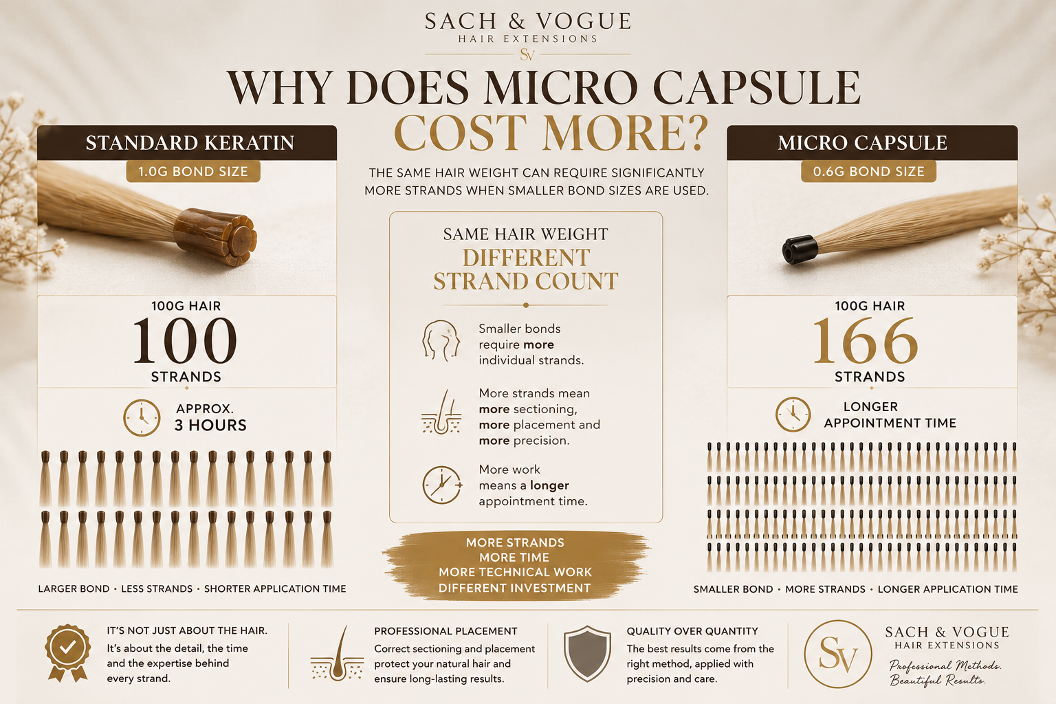 Comparison of standard keratin and micro capsule hair extensions showing how smaller bond sizes increase strand count and application time.