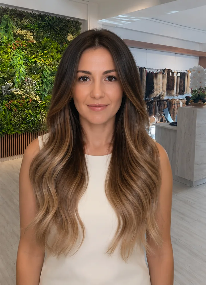 Finished clip-in ready transformation with long, voluminous wavy hair
