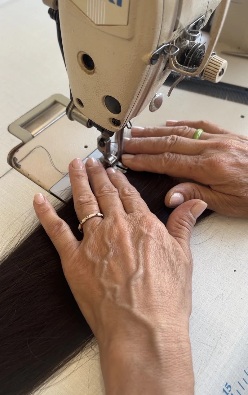 Human hair weft being sewn during production