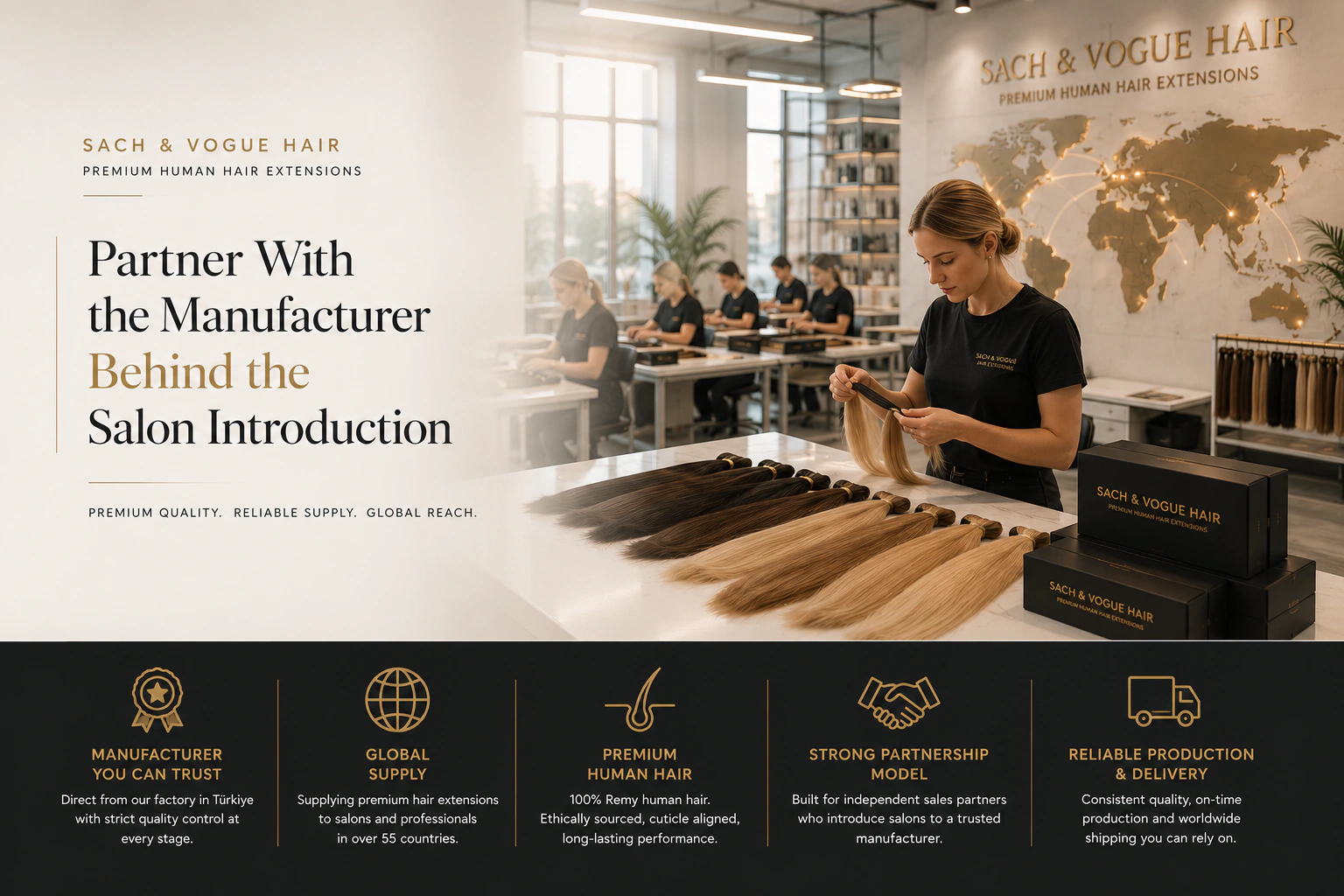 SACH & Vogue Hair production studio with staff inspecting human hair extensions, branded packaging, and a gold world map.